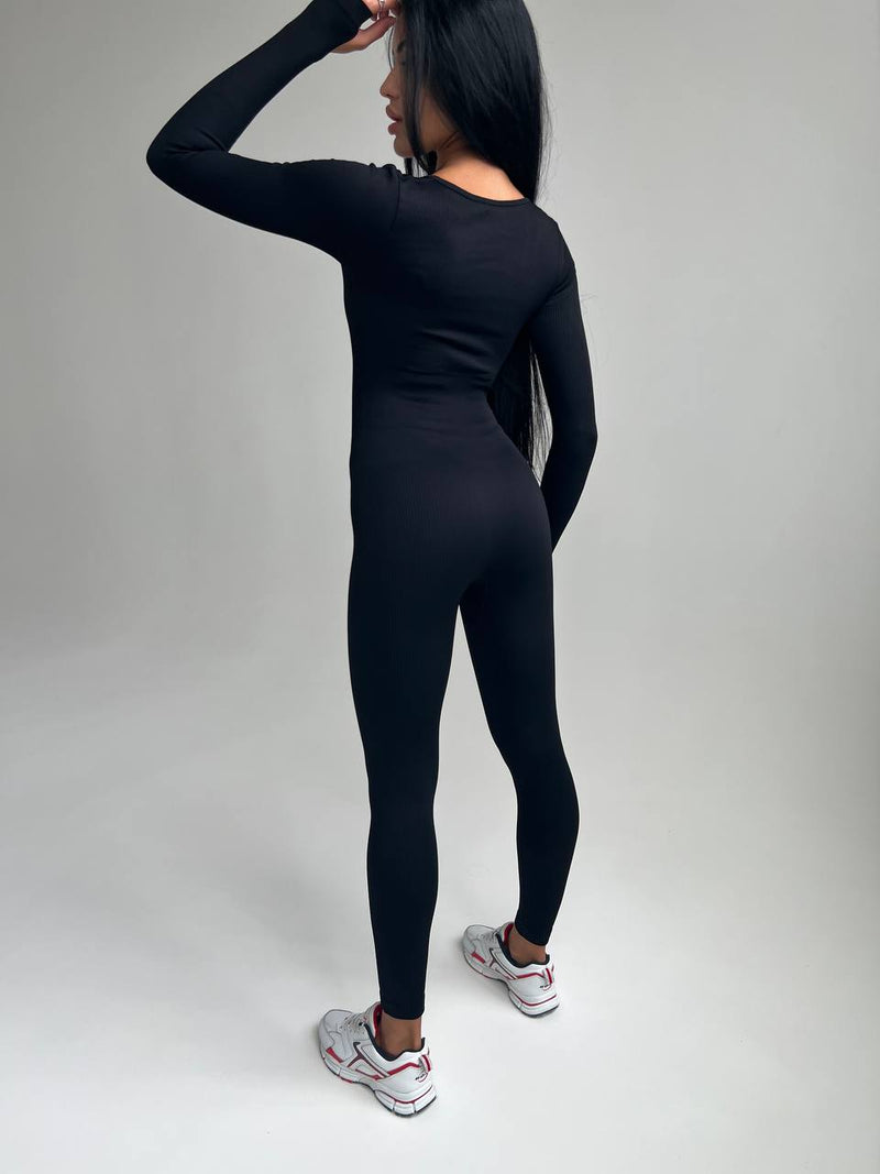 Seamless Ribbed Catsuit Black