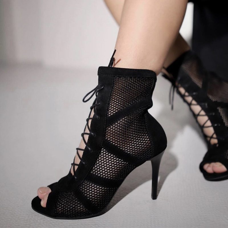 Sierra - Made to Order - Open Toe Lace Up Shiny Bootie With Mesh - Burju  Shoes